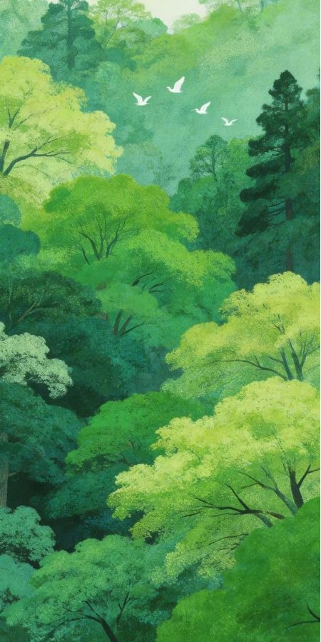 绿色森林白鸟飞翔治愈手绘风景手机壁纸