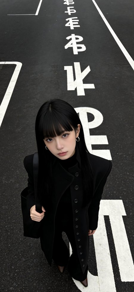 Jennie黑色大衣马路俯拍时尚摄影人物手机壁纸