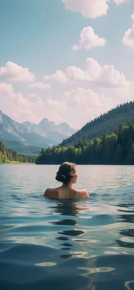 欧美美女背影浸于湖水山峦云朵宁静人物手机壁纸