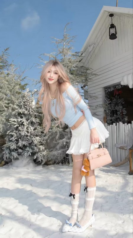 浅蓝露肩白裙雪地长发美女人物手机壁纸