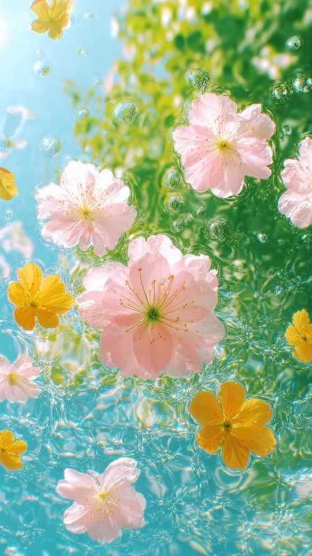清新粉樱黄花水面气泡阳光鲜花手机壁纸