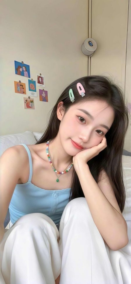 浅蓝吊带托腮微笑居家美女人物手机壁纸