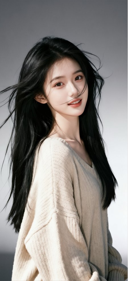 清纯气质黑发甜美笑容美女针织衫人物手机壁纸
