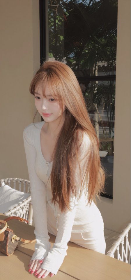 浅棕长发美女米白针织咖啡馆阳光人物手机壁纸