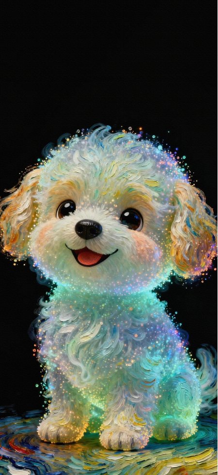 闪光星彩可爱狗狗油画笔触黑底动物手机壁纸