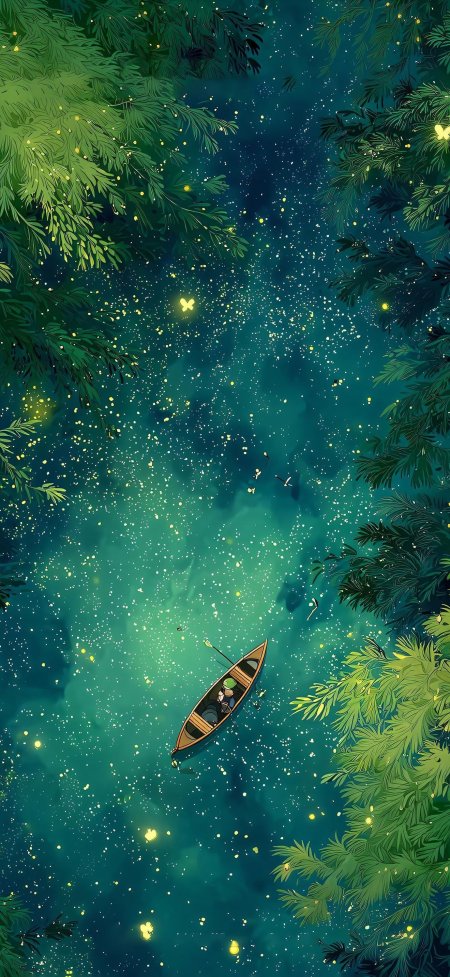 森林星光湖面小船萤火治愈动漫手机壁纸