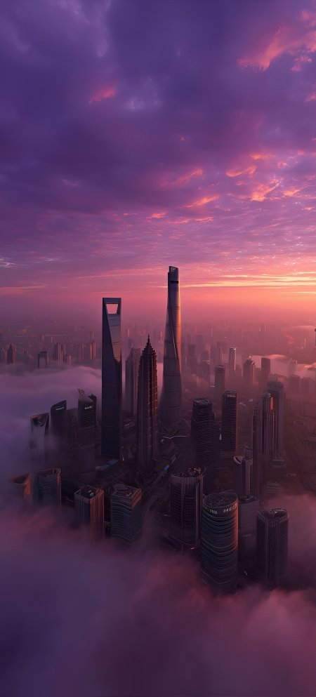 上海陆家嘴云海晚霞紫色梦幻风景手机壁纸