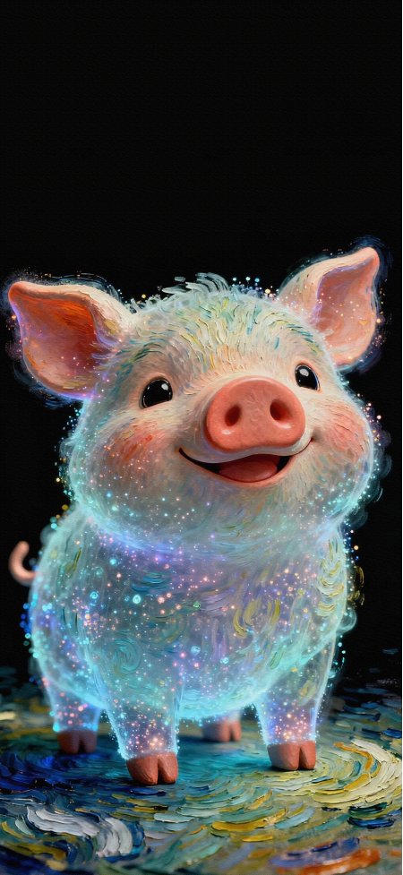 闪光星彩可爱小猪油画笔触黑底动物手机壁纸