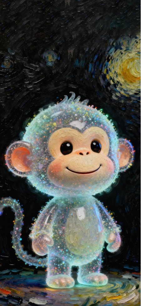 闪光星彩可爱小猴油画笔触黑底动物手机壁纸