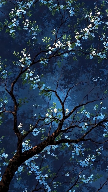 深蓝夜空蓝色繁花树木唯美插画风景手机壁纸