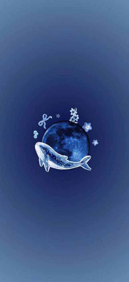 深蓝月亮游鲸星光蝴蝶结梦幻插画动物手机壁纸