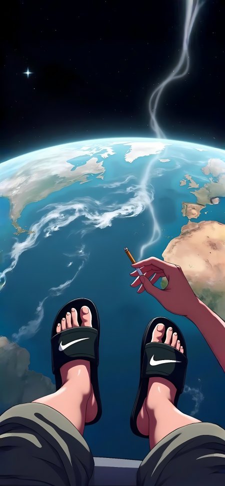 太空拖鞋抽烟俯瞰地球创意手机壁纸