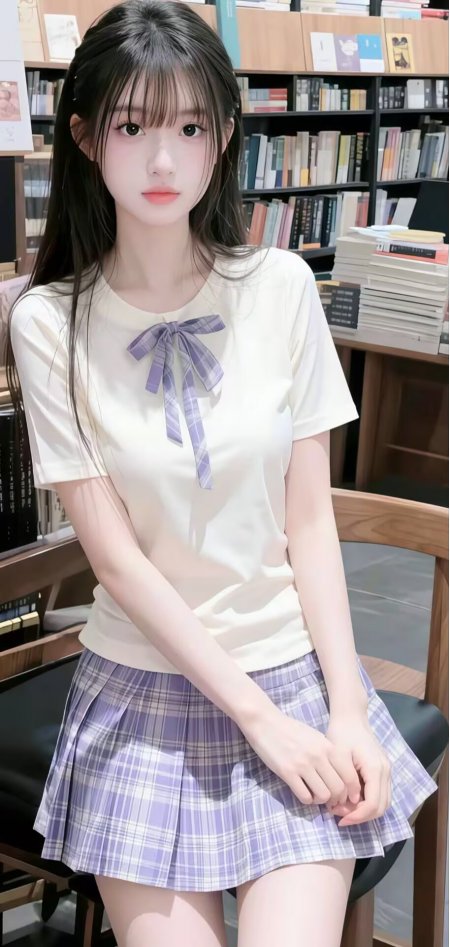 图书馆紫色格子裙制服清纯气质美女人物手机壁纸