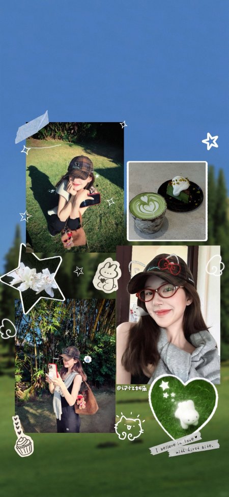甜美美女户外生活抹茶甜点拼接人物手机壁纸