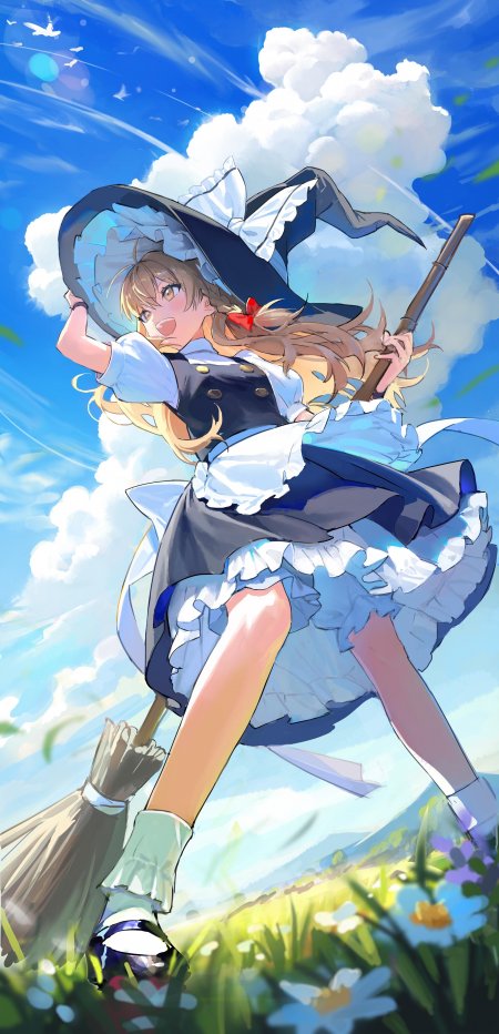 东方Project雾雨魔理沙骑扫帚蓝天白云插画动漫手机壁纸