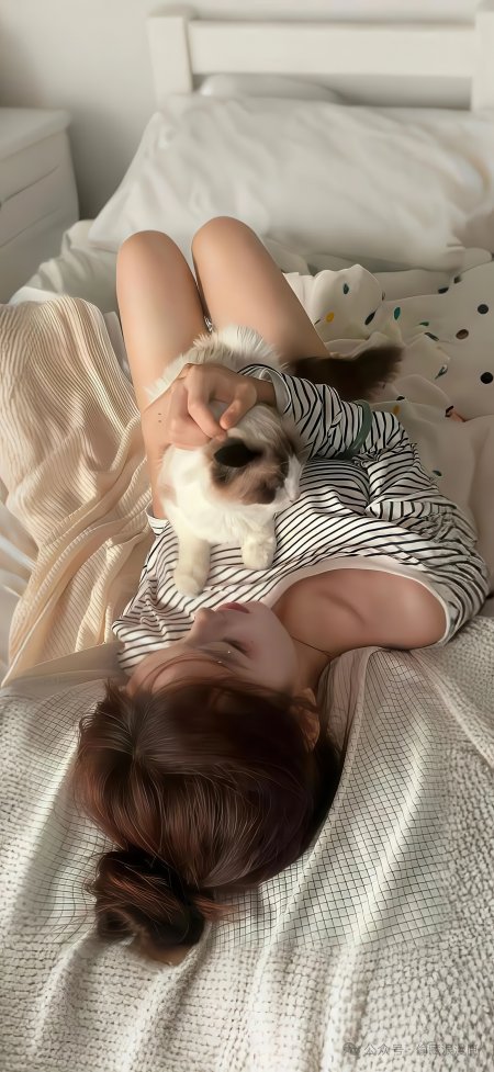 卧室条纹衫抚摸布偶猫温馨居家美女人物手机壁纸