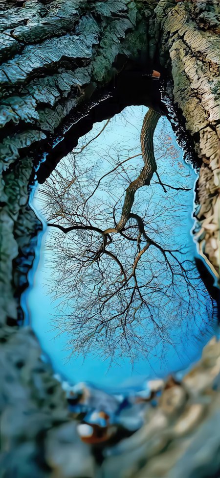 树皮水洼倒映蓝天枯枝自然微距风景手机壁纸
