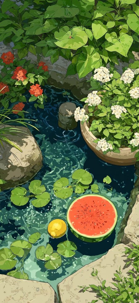 夏日池塘西瓜柠檬绿植清凉插画动漫手机壁纸