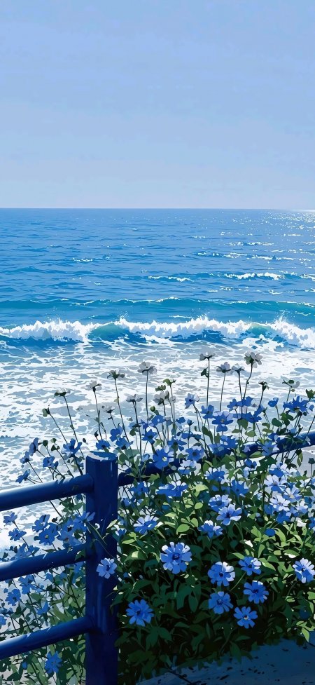 蔚蓝海边蓝花浪花夏日清新风景手机壁纸