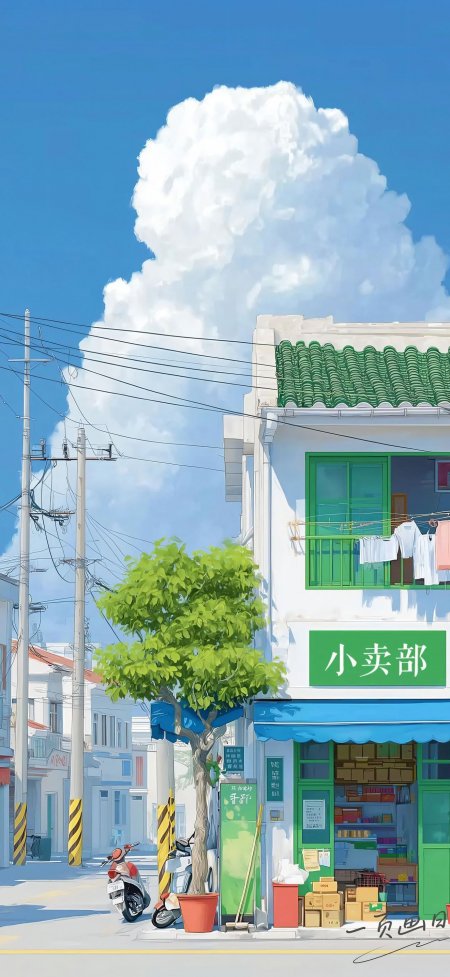 夏日街角小卖部白云绿树清新插画动漫手机壁纸