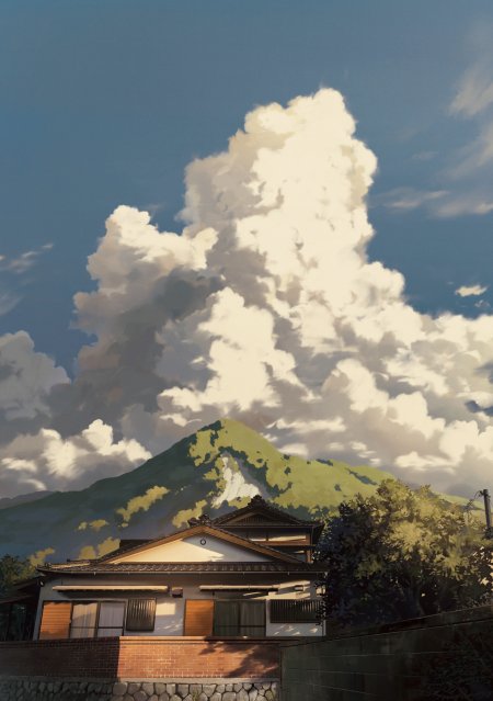 夏日民居青山巨云蓝天动漫风动漫手机壁纸