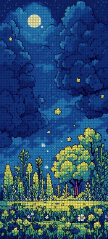 像素风深蓝夜空明月繁花草地动漫手机壁纸