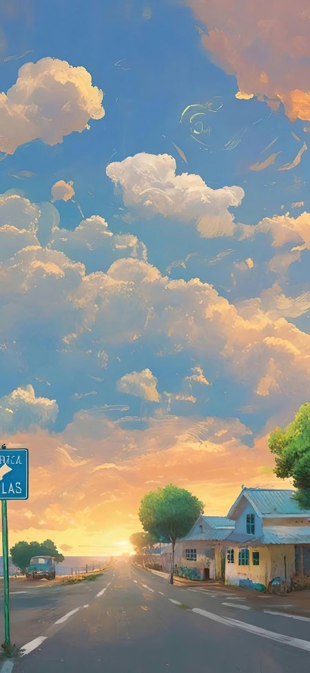 夕阳公路小镇云朵治愈系动漫手机壁纸