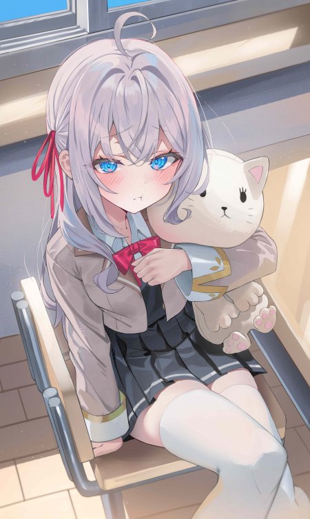 校服少女抱白猫玩偶动漫手机壁纸