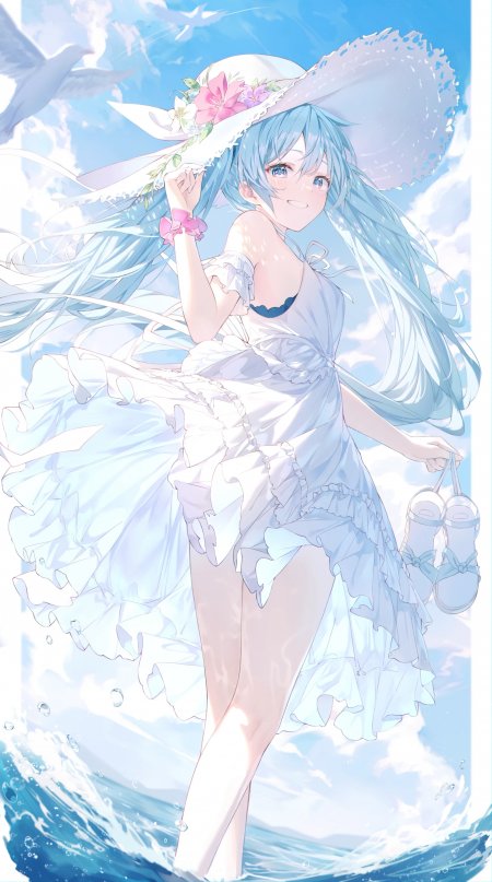初音未来夏日白裙草帽少女插画动漫手机壁纸