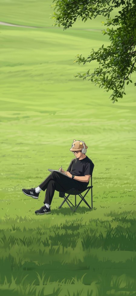 熊帽耳机少年草地平板绘画动漫手机壁纸