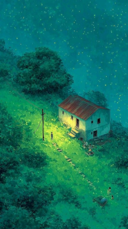 星夜山坡小屋路灯插画创意手机壁纸