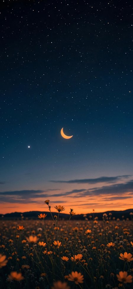 星空弯月橙花田晚霞治愈风景手机壁纸