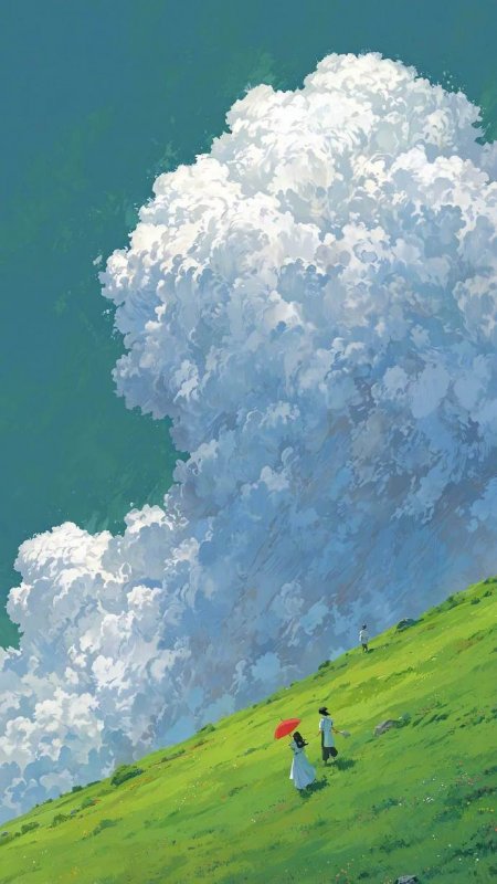 夏日绿坡红伞少女积雨云治愈插画动漫手机壁纸