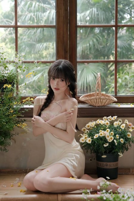 唯美清纯蕾丝吊带裙美女窗台雏菊清新人物手机壁纸