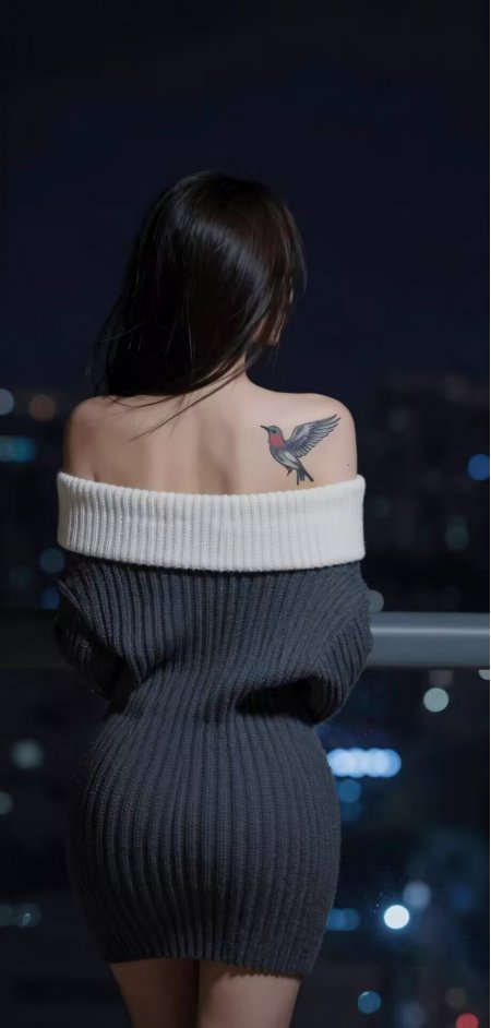 夜景阳台灰裙肩部纹身背影美女人物手机壁纸