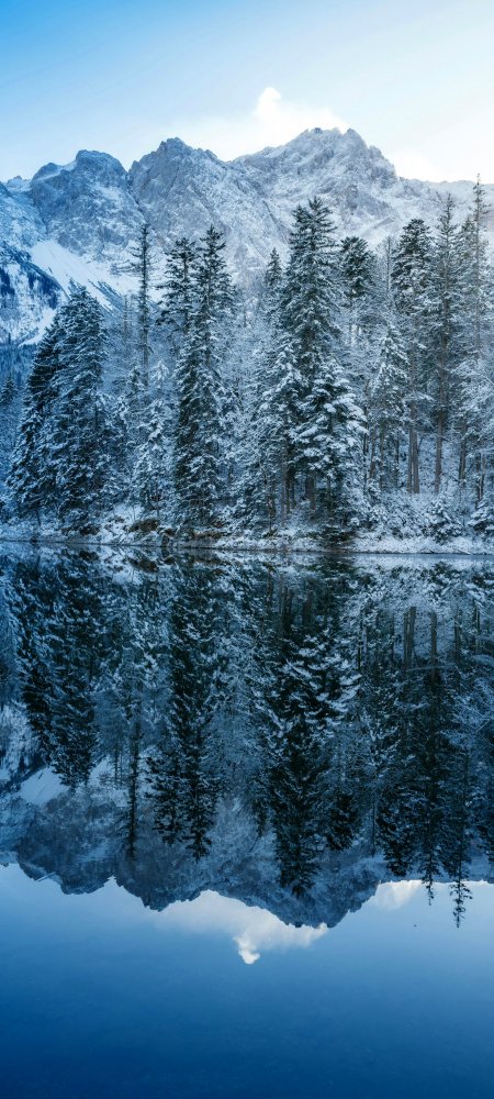 雪山森林湖泊倒映冬日唯美风景手机壁纸