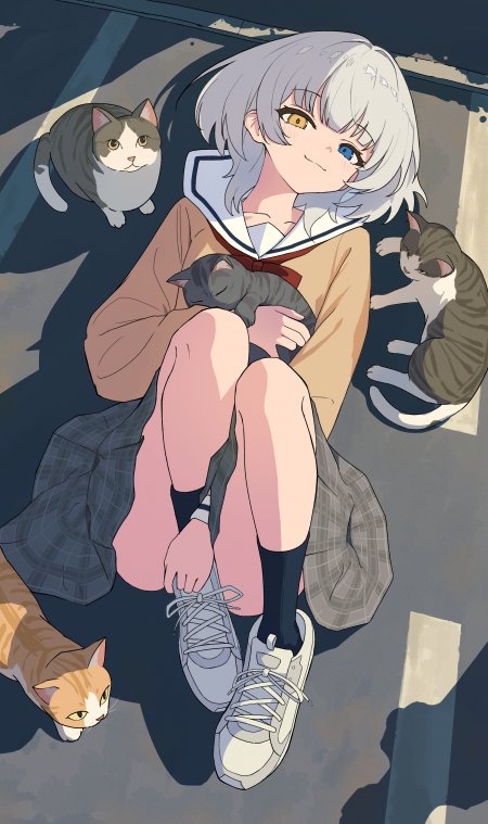 银发异瞳少女路边怀抱小猫动漫手机壁纸