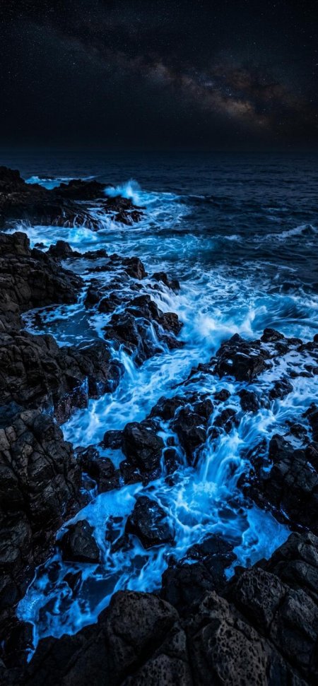 银河星空礁石发光浪花海岸风景手机壁纸