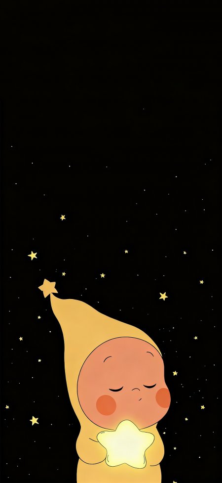 夜空星星黄帽小精灵抱星治愈插画动漫手机壁纸