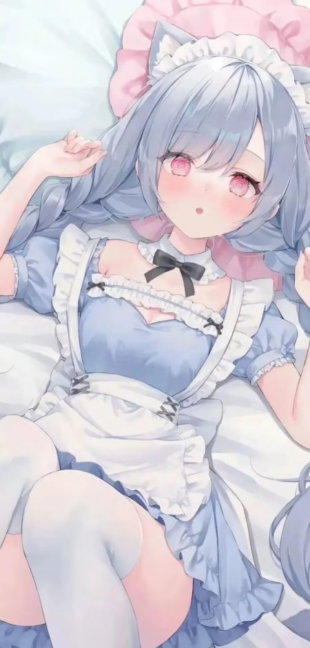银灰双辫少女猫耳女仆装粉色螺旋眼瞳纹理手机壁纸