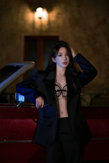 夜色红车蕾丝美女人物手机壁纸