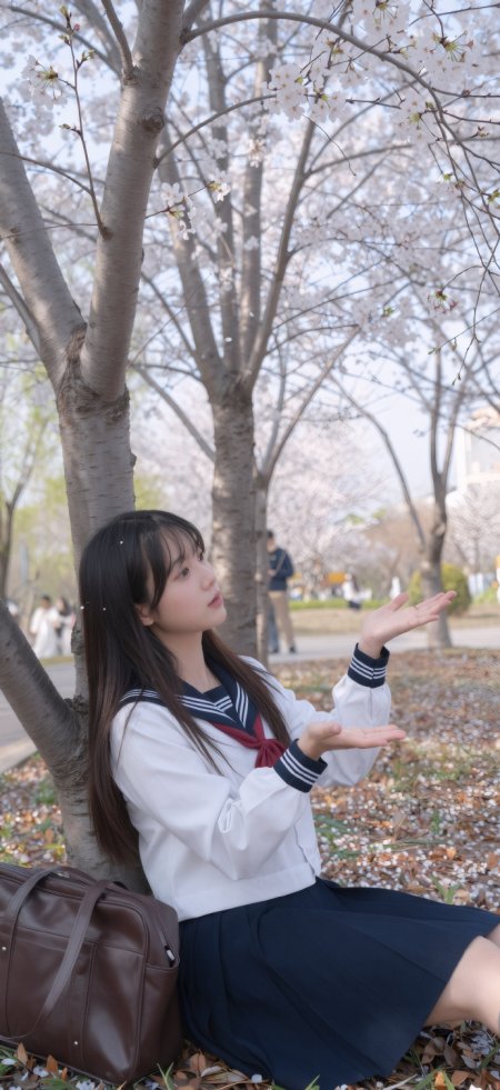 樱花树下水手服美女捧花瓣侧脸人物手机壁纸
