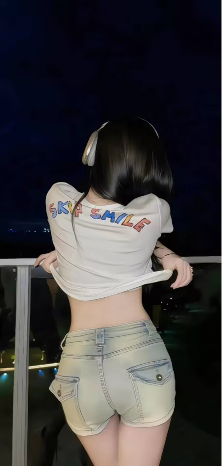 夜晚阳台耳机露腰背影美女人物手机壁纸