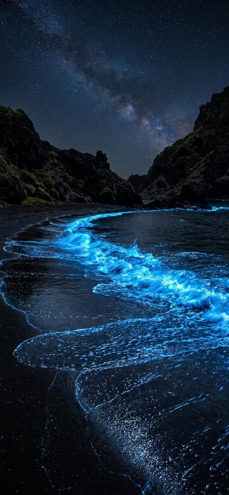 银河星空荧光海滩礁石夹岸风景手机壁纸