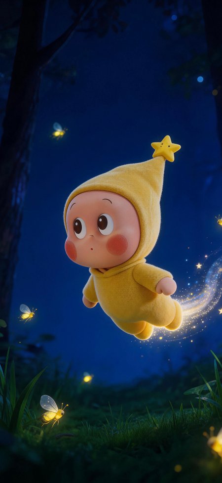 夜林萤火黄色星星人宝宝漂浮卡通手机壁纸