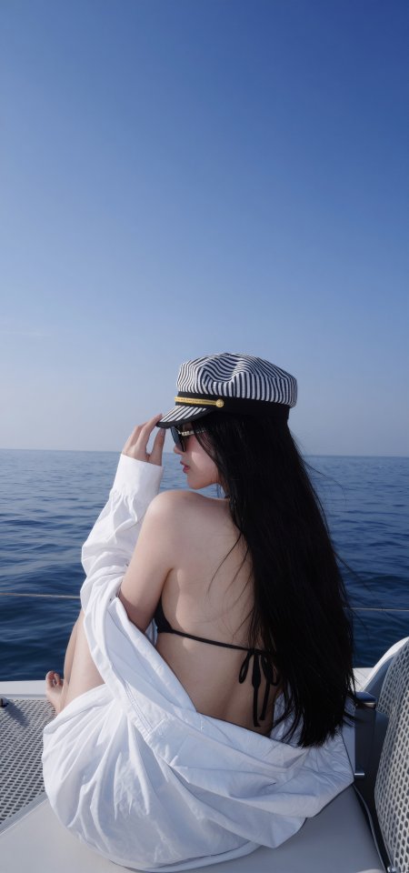 游艇大海水手帽白衬衫度假美女人物手机壁纸