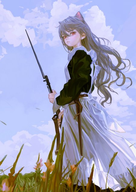银发猫耳女仆少女持枪回眸动漫手机壁纸