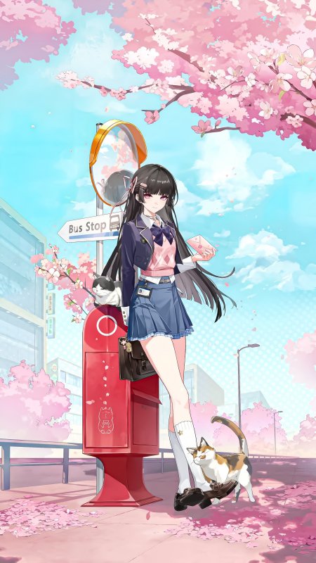 樱花车站校服少女红邮筒动漫手机壁纸