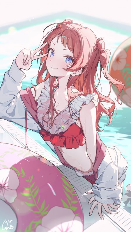 泳池粉发泳装挥手少女动漫手机壁纸