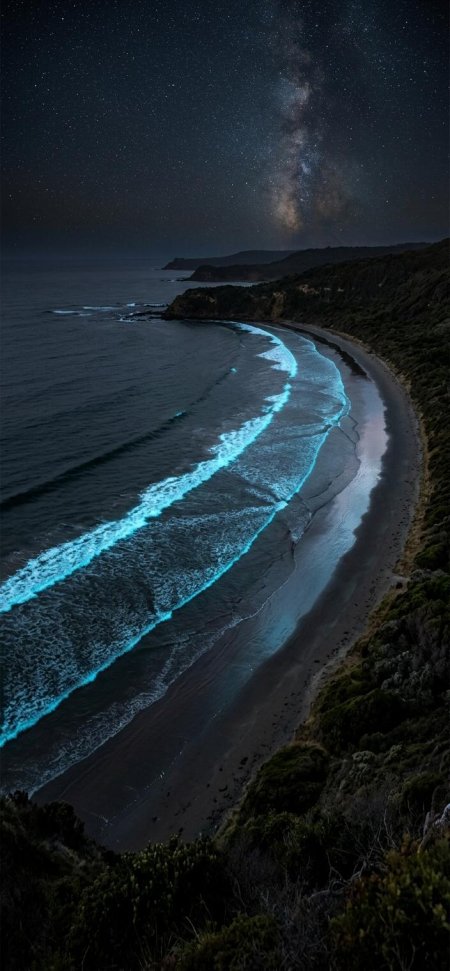 银河星空荧光海湾蓝浪夜景风景手机壁纸